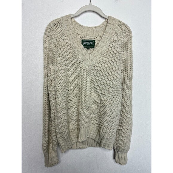 American Eagle XS Sweater Cream Oversized Chunky Knit V-Neck Pullover NWT - Picture 1 of 12